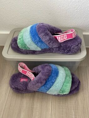 UGG Purple Multi-Color Fluff Yeah Slide Slippers with Pink Logo Strap-Size 9